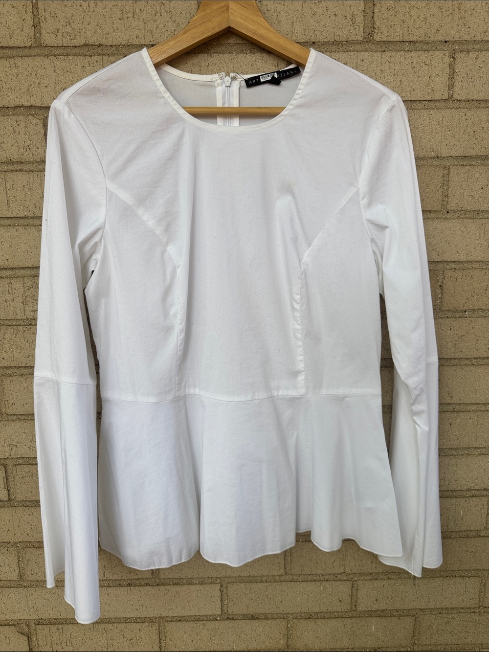 Antonio Melani White Peplum Blouse with Bell Sleeves Sz Medium